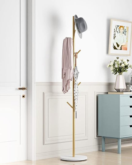 Gold Coat Racks, Metal Coat Rack Freestanding with Hooks, Entryway Coat Rack Stand, Coat Racks with Marble Base, Coat Tree for Hanging Clothes, Hats, Bags