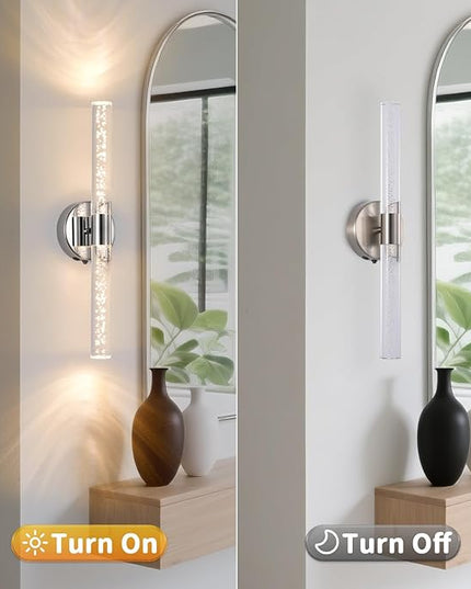Modern LED Battery Operated Wall Sconces Set of Two, Dimmable Bathroom Crystal Wall Sconce, USB Rechargeable Brushed Nickel Vanity Wall Lamp, Bubble Wall Lights For Bedroom, Living Room. 20-Inch