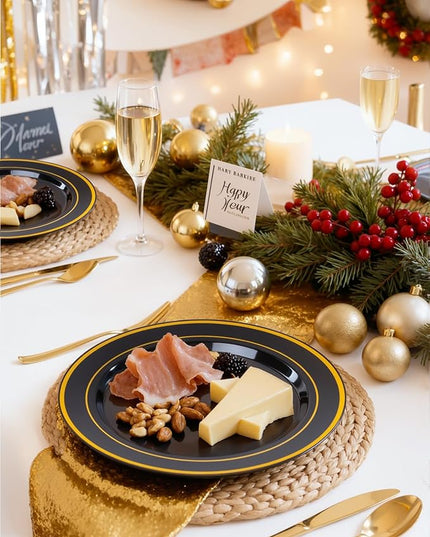 bUCLA 100 Pieces Black and Gold Plastic Dinner Plates - 10.25 inch Black Disposable Plates with Gold Rim - Ideal for Party, Graduation & New Year