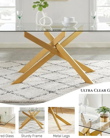 Edwin's Choice 58.5” Rectangle Glass Dining Table, Tempered Glass Table Top and Metal Tubular Legs, Modern Style Table for Home, Kitchen, Dining Room 58.5”Lx29”Wx30”H, Gold