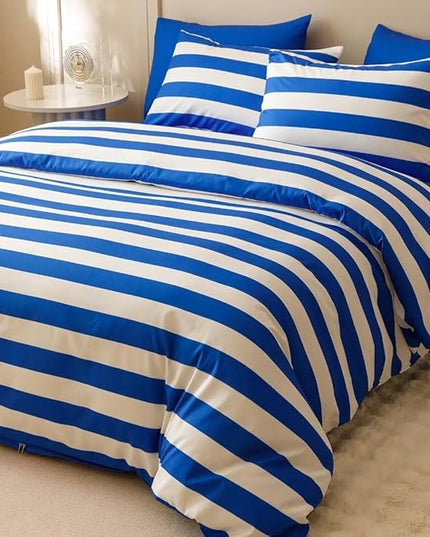 CLOTHKNOW Blue White Queen Comforter Set Striped Farmhouse Bedding Comforter Sets Boho Comforter Queen Farmhouse Comforter with 2 x Pillow Cases