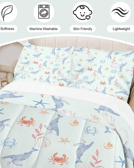 Whale Bedding Set Twin Size Light Blue Boys Ocean Comforter Set Twin Size Marine Life Bed Set Crab, Shell, Starfish Pattern Bedding for Kids Cute Ocean Quilt Set with 1 Comforter+ 1 Pillowcase