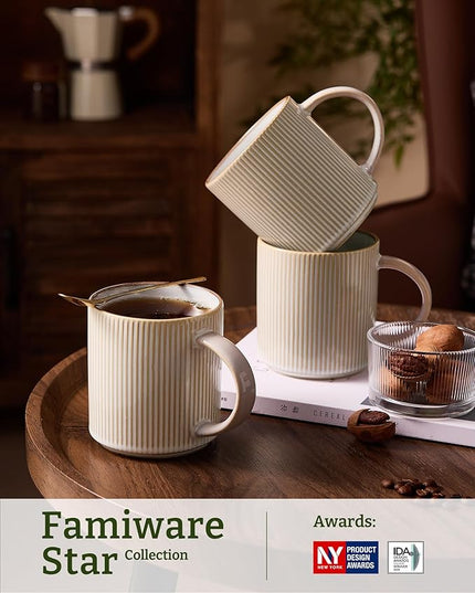 famiware Coffee Mug Set for 6, Star 16 oz Catering Mugs Cup Set with Handle for Coffee, Tea, Cocoa, Milk - Ceramic Stoneware Drinkware Set, Cappuccino White