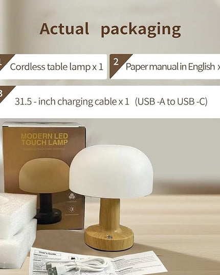 Mushroom Operated Table Lamp 3000mAh Cordless Rechargeable, Touch Dimmable Desk Lamp, LED Night Light for Patio Camping Restaurant Home, H7.3in, Wood Grain