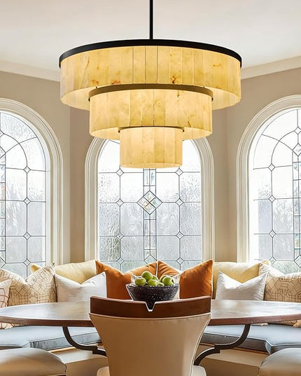 D34.3 Round Alabaster Chandelier, 3-Tier Brass Marble High Ceiling Chandeliers, Modern Dining Room Chandeliers Living Room Light for Entryways, Foyer, Stair, Kitchen Black(Include Bulbs)
