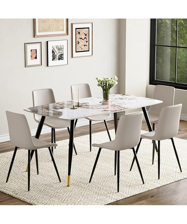 7 Piece Modern Dining Set, 62'' Sintered Stone Dinner Table for 6, Easy to Assemble