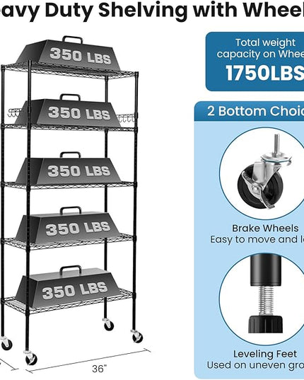 Storage Shelves 75"H Wire Shelving Unit with Wheels 1750LBS Heavy Duty Metal Shelves for Storage Adjustable 5-Tier Garage Storage Rack Kitchen Pantry Shelves Rolling Shelf on Casters, 14"D x36"W x75"H