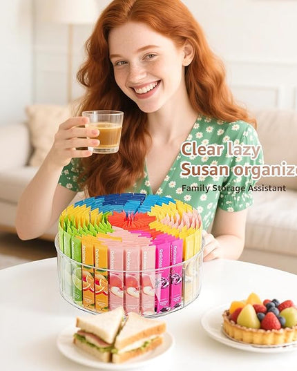 Rotating Drink Mix Organizer, Clear Lazy Susan Turntable for Powder Packet, Water Packet, Water Flavor Packet, Divided Drink Packet Organizer