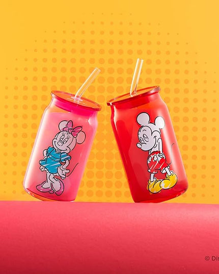 JoyJolt Disney Mickey Mouse and Friends Color Sketch Glass Tumblers with Lids and Straws, 16oz Glass Cups with Lids and Straws, Can Shaped Drinking Glasses Set of 4, Disney Gifts for Adults