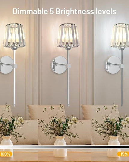 Crystal Battery Operated Wall Sconces Set of 2, Chrome Rechargeable Wireless Wall Lights with Crystal Lampshade, 12 RGB and 3CCT Dimmable Wall Lamps with Remote for Bedroom Living Room Hallway