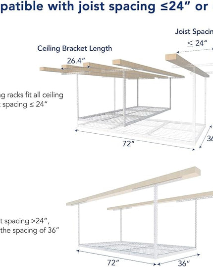 FLEXIMOUNTS 2 Pack 3x6 Overhead Garage Storage Adjustable Ceiling Rack 72" Length x 36" Width x 40" Height, 900lbs Total Weight Capacity, White, Classic Series