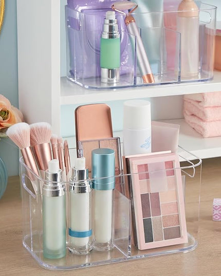STORi Bliss 5-Compartment Plastic Cosmetics Storage Organizer, Set of 2 | Clear | Rectangular Divided Makeup Bin & Vanity Caddy with Pass-Through Handles | Round Corner Design | Made in USA