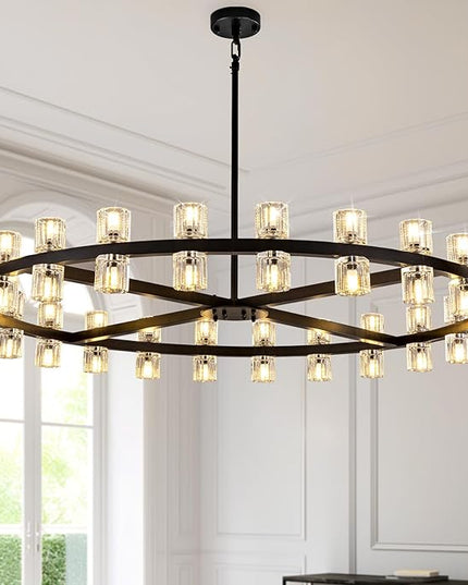 48'' Modern Large Chandelier, 48-Light Elegant Crystal Chandeliers for Dining Room, Black Farmhouse Round Wagon Wheel Pendant Lighting Fixture with Glass Shade for Living Room High Ceilings Entryway