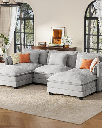 ELUCHANG Oversized 116" Modular Sectional Sofa, Comfy Cloud Couch, U Shaped Deep Seat Sofa Couches for Living Room, 5-Seater Modern Sofa with Movable Ottoman, DIY Combination - Chenille Light Grey