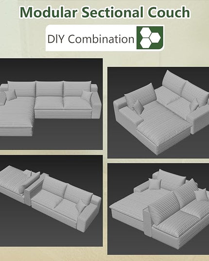 107" Cloud Couch Modular Sectional Sofa for Living Room, L-Shape Boneless Couch with Deep Seat, Modern Corduroy 3-Seater, No Assembly Required (Green,Left-Facing Chaise)
