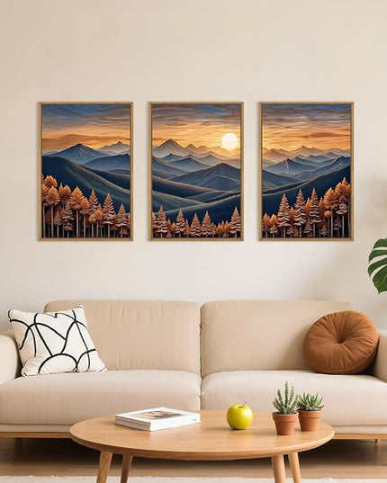 HOURIA Boho Wilderness Sunset Woodland Mountain Framed Canvas Wall Art Set,Vintage Golden Hour Forest Landscape Decor,Natural Modern Pine Tree Botanical Artwork for Living Room,Farmhouse-24 x36 x3