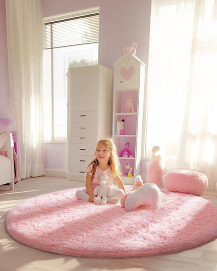 Ophanie Round Rugs 5Ft Pink Circle Area Rug, Fluffy Fuzzy Bedroom Carpet, Plush Soft Shaggy Indoor Floor Kawaii Living Room Rugs for Kids, Cute Room Decor for Teen Girls Home Decor Aesthetic, Nursery