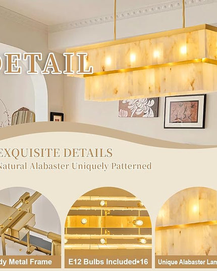 Rectangle Alabaster Chandelier, L54 Brass Linear Chandeliers Over Table Pendant Light Modern Mrable Rectangular Chandelier for Kitchen Island Dining Room Living 2-Tier Gold(Include 16 Bulbs)
