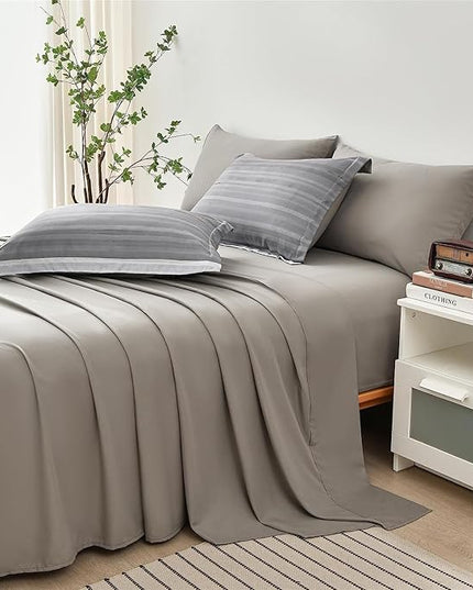 KAKIJUMN 5 Piece Bed in a Bag Stripe Comforter Set Twin Size, White Grey Patchwork Striped Comforter and Sheet Set, All Season Soft Microfiber Complete Bedding Set(Light Grey,Twin)