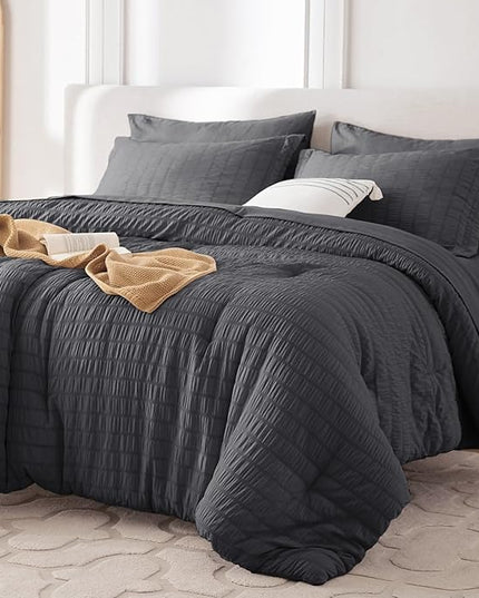MUXHOMO 5 Pieces Twin XL Comforter Set, Seersucker Bed in a Bag Twin XL Size, All Season Luxury Bedding Set with Comforter, Flat Sheet, Fitted Sheet, Pillowcase & Sham, Dark Grey