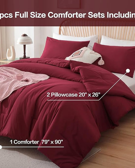 ROSGONIA Full Size Comforter Sets for Girls Boys Kids Dark Red, 3pcs Comforter Full Size (1 Comforter & 2 Pillowcases) Lightweight Dorm Bedding Sets