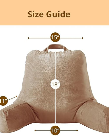 Sasttie Reading Pillow, Velvet Back Pillow for Bed Sitting Up, Adult Back-Rest Support Cushion with Arms for Sit Up on Couch, Sofa, and Floor, Dorm Essentials, Reading Accessories, Light Brown