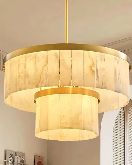 Alabaster Chandelier 2-Tier D24 Brass Round Chandeliers, Modern Dining Room Chandelier Marble Pendant Light for Living Room, Bedroom, Foyer, Kitchen, Entryway Gold(Include Bulbs)