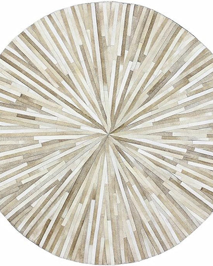 Premium Cowhide Leather Hand Made Stripes Patterned Round Area Rug - 5X5 ft - Beige, Premium Hand Made House Carpet for Living Room, Bedroom, Entryway