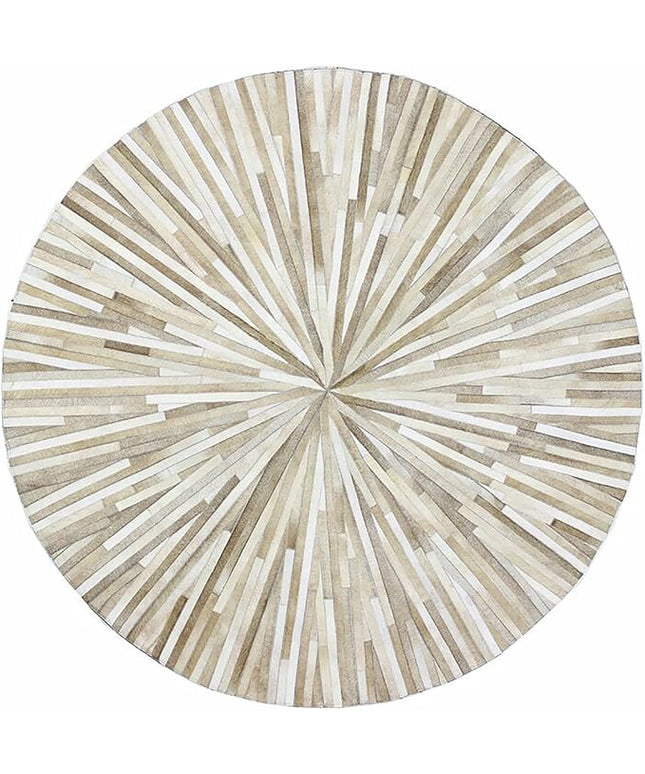 Premium Cowhide Leather Hand Made Stripes Patterned Round Area Rug - 7X7 ft - Beige, Premium Hand Made House Carpet for Living Room, Bedroom, Entryway