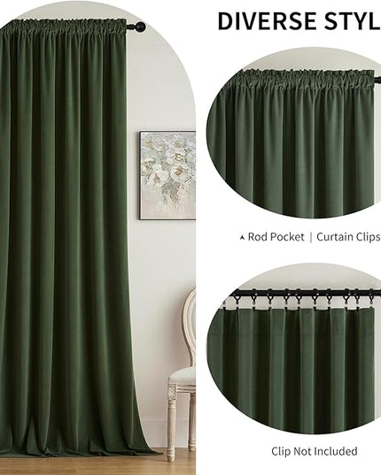 Joydeco Olive Green Velvet Curtains 102 inch Length 2 Panels, Luxury Blackout Rod Pocket Thermal Insulated Window Curtains, Super Soft Room Darkening Drapes for Living Room Bedroom,W52 x L102 inches