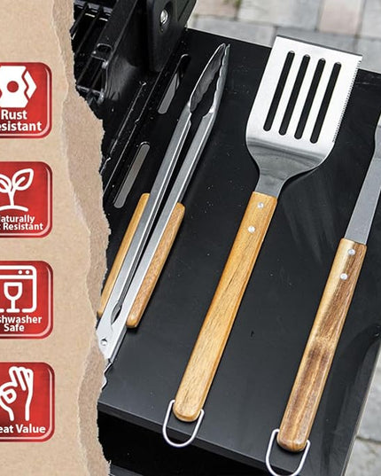 BBQ-AID Pro BBQ Metal Spatula - 17" Barbecue Spatula Stainless Steel with Serrated Knife Edge - Acacia Wood Handle - Heavy Duty Built to Last