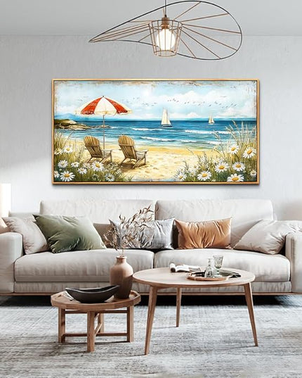 ERQINHUA Large Wall Decor Canvas Painting Wall Art For Living Room Bedroom Home Decoration Blue Seaside Landscape Painting Print For office Dining Room Bathroom Wall Aesthetics Wood Frame 30x60 In