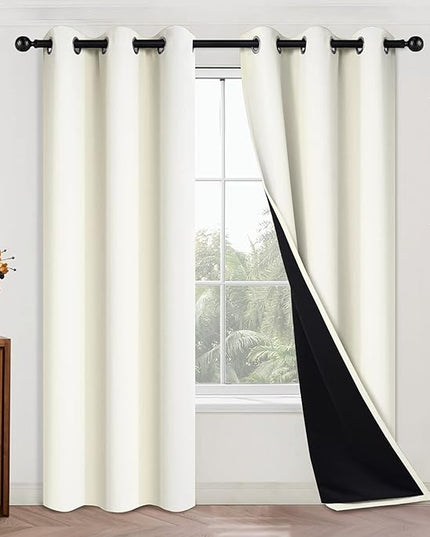 Yakamok 84 Inch Length 100% Blackout Curtains for Bedroom, 2 Thick Layers Thermal Insulated Grommet Total Blackout Drapes with Black Liner for Living Room (42Wx84L,Cream, 2 Panels)