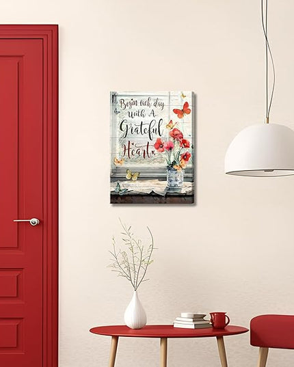 Red Flower Canvas Wall Art Retro Farmhouse Butterfly Poppy Painting Picture Wall Decor Modern Blossom Begin Each Day With a Grateful Heart Poster Print Artwork for Bathroom Bedroom Home Decoration