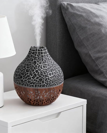 Air Diffuser Humidifier, Wood Grain Ultrasonic Cool Mist, 2 in 1 Aromatherapy Essential Oil Diffuser with Mood Light, Quiet Personal Humidifier for Bedroom Office (Black)