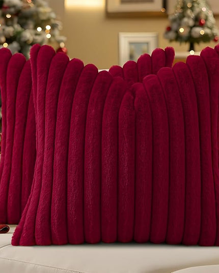 decorUhome Faux Fur Spring Throw Pillow Covers 20x20 Set of 2, Decorative Soft Plush Striped Neutral Couch Euro Pillow Covers with Velvet Back for Sofa, Bed, Living Room Home Decor, Burgundy