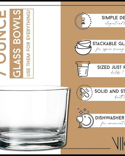 Vikko Small Glass Bowls, 7 Ounce Glass Dessert Cups, Set of 12 Dessert Bowls, Parfait Glasses, Stackable Bodega Glasses, Tasting Glasses, Custard Cups, Short Glasses - 3.2" x 2.2”