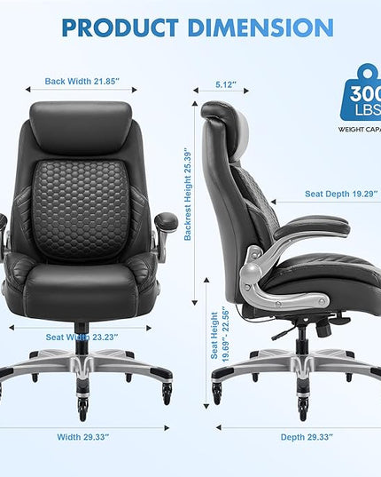 COLAMY Office Ergonomic Desk High Back Executive Chair with Pop-Out Lumbar Support, Upgraded Casters, Adjustable Headrest, Flip-Up Arms, Leather Home with Thick Cushion for Comfort - Black