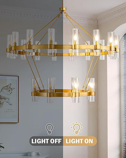 48" Modern High Ceiling Chandelier, 2 Tier Wagon Wheel Chandelier with Glass Shade, 24-Lights Large Round Modern Farmhouse Pendant Lighting Fixture for Dining Room, Living Room, Kitchen, Foyer