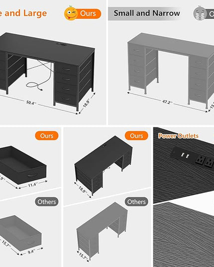 50 Inch Computer Desk with 8 Drawers, Home Office Desk with Power Outlets, Work Study Gaming Desk with 8 Fabric Drawers, Black