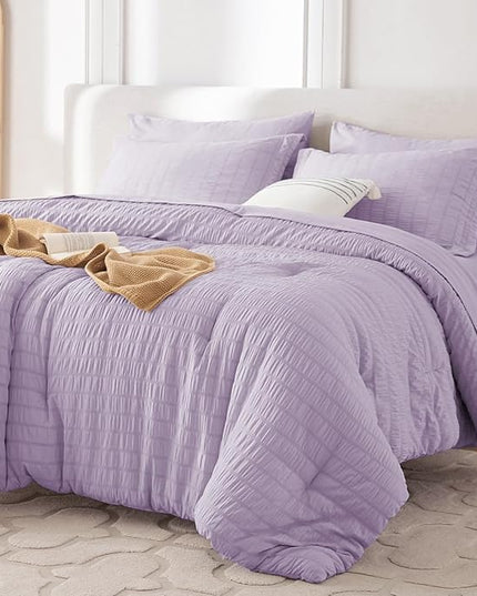 MUXHOMO 7 Pieces Queen Comforter Set, Seersucker Bed in a Bag Queen Size, All Season Luxury Bedding Set with Comforter, Flat Sheet, Fitted Sheet, Pillowcases & Shams, Lavender