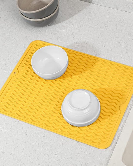Silicone Dish Drying Mat for Multiple Usage,Easy clean,Eco-friendly,Heat-resistant Silicone Mat for Kitchen Counter or Sink,Refrigerator or drawer liner Yellow L 16 inches x 12 inches