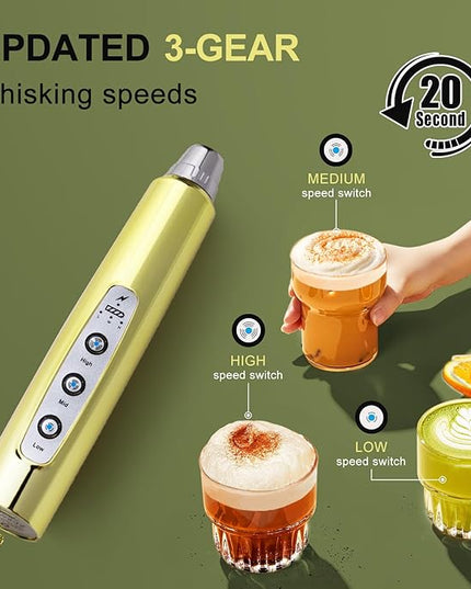 YUSWKO Champagne Gold Handheld Milk Frother Wand for Coffee, Rechargeable Electric Whisk with 3 Heads 3 Speeds Drink Mixer Coffee Frother For Latte, Cappuccino, Hot Chocolate, Egg