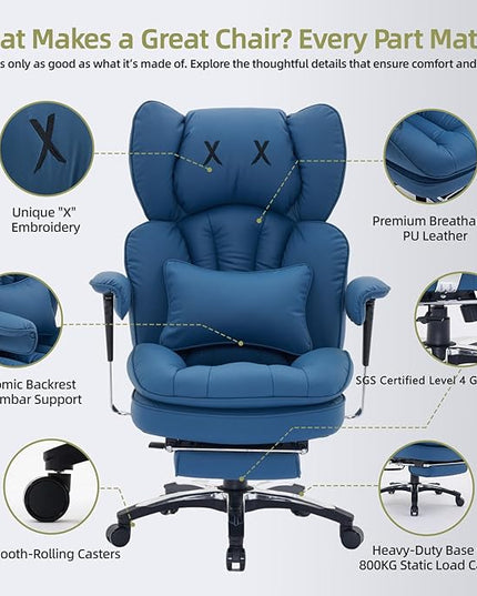 Efomao Big and Tall Office Chair with Footrest – High Back Computer Chair with Adjustable Armrests，Executive Office Chair with Wide Seat, Modern Desk Chair for Home Office, Gaming, or Study, Blue