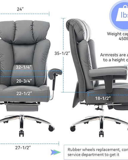 Efomao Big and Tall Office Chair 450LBS with Foot Rest, High Back PU Leather Executive Chair with Adjustable Padded Armrests, Lumbar Support for Home or Work, Heavy Duty Computer Chair, Grey