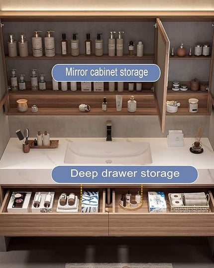 Wood Bathroom Vanity Set - LED Defogging Mirror | Wall Mounted Bathroom Vanity with Sink Include Open Storage & Mirror Cabinet Storage & 2 Drawers (34'')