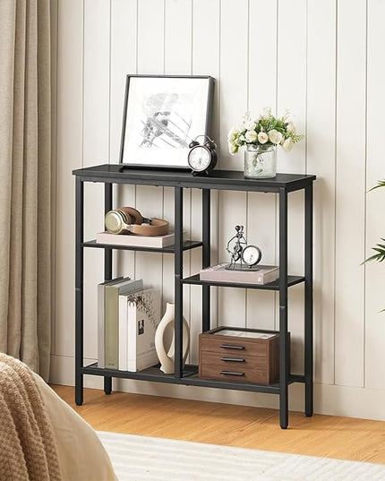 HOOBRO Narrow Console Table, Sofa Table, 4-Tier Industrial Entryway Table with Metal Mesh Shelf, Hallway Table with Adjustable Feet, for Entryway, Living Room, Hallway, Black BB79XG01