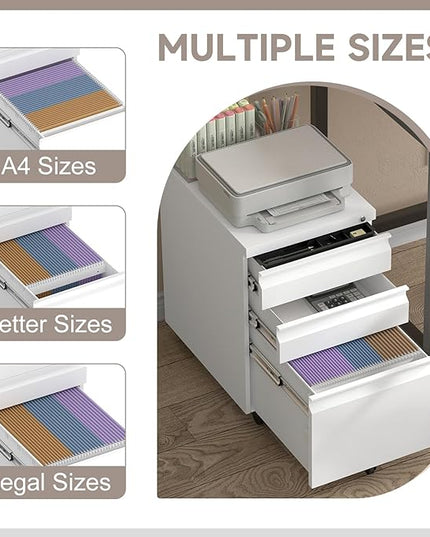 File Cabinet,3 Drawer File Cabinet with Lock,Metal Filing Cabinets with Wheels Under Desk,Small Moblie File Cabinets for Home Office,School,Letter/Legal/A4 Size,White