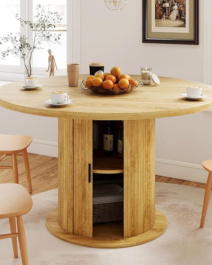 Round Table with Storage,47" Storage Kitchen Table for 4-6 People with Curved Sliding Door Fluted Wood Coffee Table Thickened Tabletop for Dining Room/Kitchen/Living Room,Light Oak Color