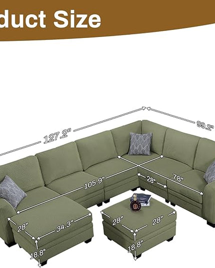 Legend Vansen Oversized Modular Sectional Sofa,8 Seat U Shaped Couch with Ottoman,Corduroy Sofa with Deep Seat,Convertible Large Sectional Couches for Living Room(Olive, U-8)